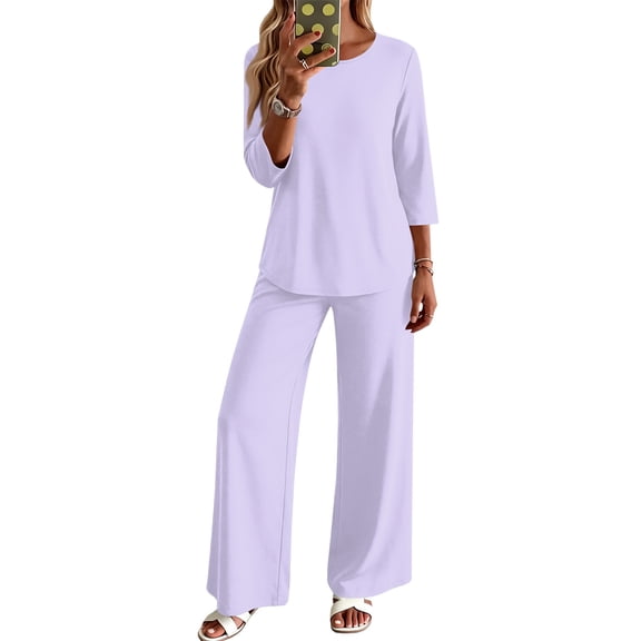 Two Piece Sets for Women Lounge 3/4 Length Sleeve Womens Tops and Pants Summer Outfits Purple XL