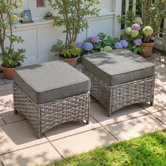 Ovios Outdoor Patio Ottoman with Cushion Wicker Coffee Table Extra Seat for Garden, Backyard, Porch, or Balcony