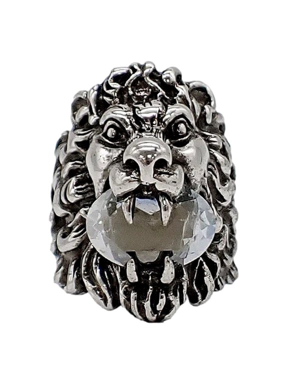 Lion Head Motif Silver Ring Crystal Size 16 NEW