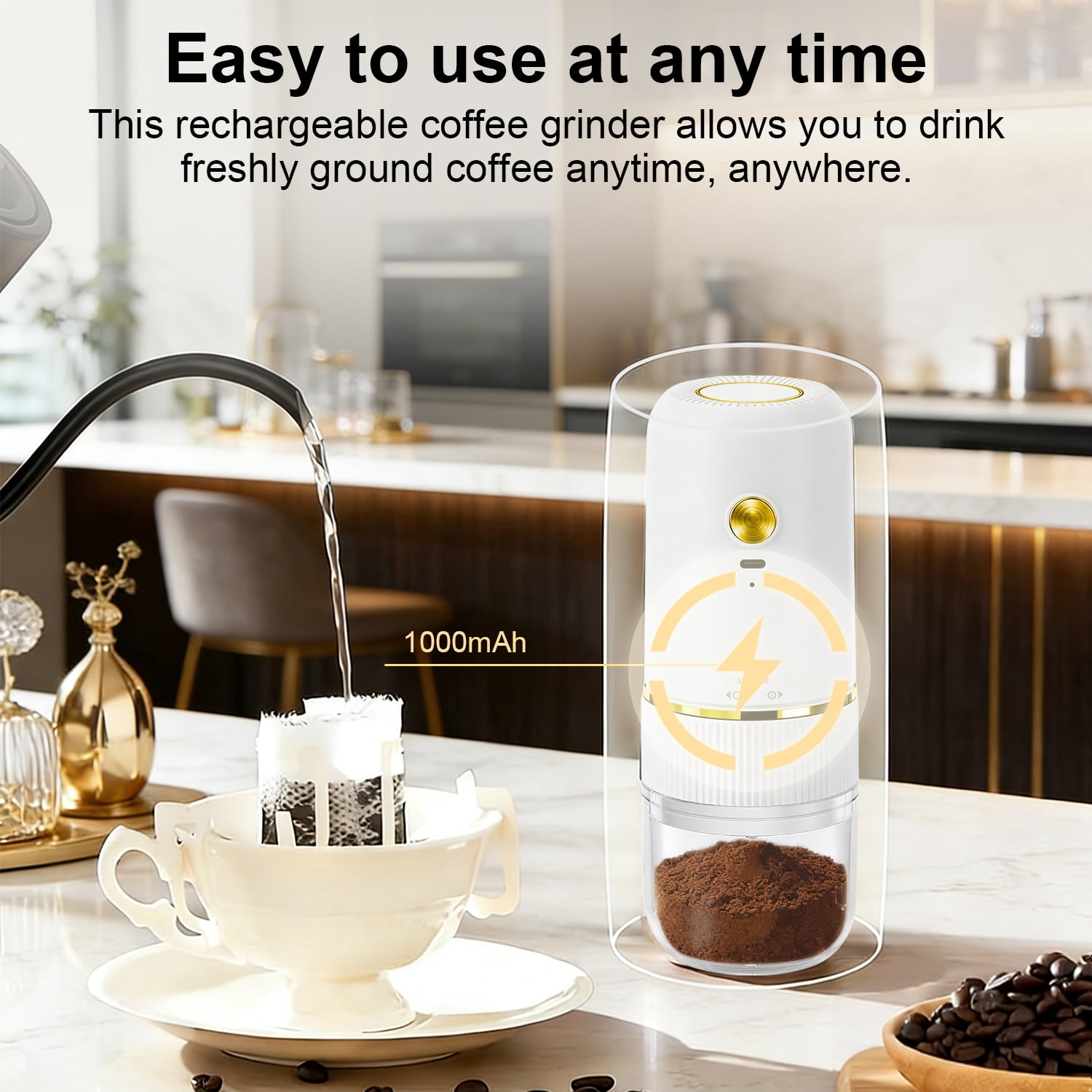 Portable Electric Burr Coffee Grinder, Mini Rechargeable Electric Coffee Bean Grinder with Cleaning Brush, Auto-Stop, Coffee Grinder for Espresso, French Press, Travel, Camping, Home & Office, White