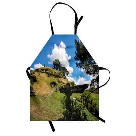 Hobbit House - Hobbits Apron Overhill Hobbit Village in Matamata New Zealand Fantasy Scene House Image Print, Unisex Kitchen Bib Apron with Adjustable Neck for Cooking Baking Gardening, Green Blue, by Ambesonne