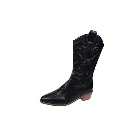 

Fangasis Women Western Boot Pointed Toe Cowgirl Shoes Chunky Heel Mid Calf Boots Walking Outdoor Winter Shoe Comfort Embroidered Black 5
