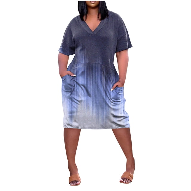 Robes pour Femmes Mode Imprimée Col en V Confortable Manches Courtes Longueur Genou avec Poches Robe pour Femmes Bleu Foncé TG