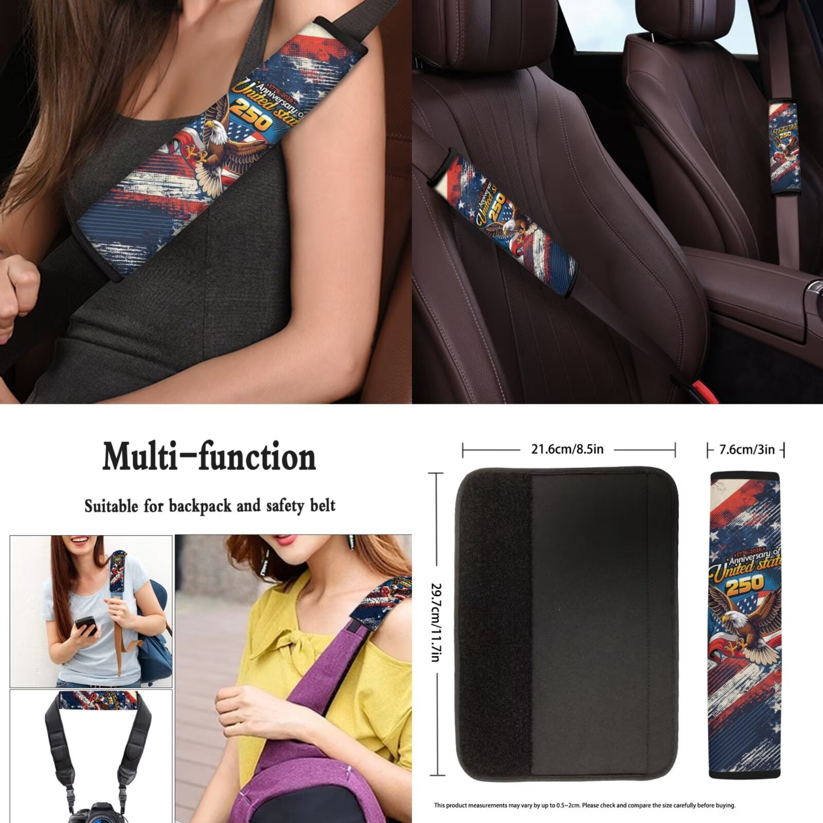 Jeiento Car Seat Covers Full Set with Steering Wheel Cover Safe Belt Pads Coasters Center Console Cover 250th Eagle Flag Keychain Chapstick Holder 13 PCS Auto Interior Sets Accessory