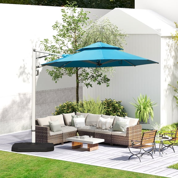 10ft Offset Cantilever Patio Umbrella, 360° Rotation Round Market Umbrella with 5-Position Tilt, 2-Tier Outdoor Table Umbrella with 9 Sturdy Ribs for Backyard, Pool, Blue (No Base)