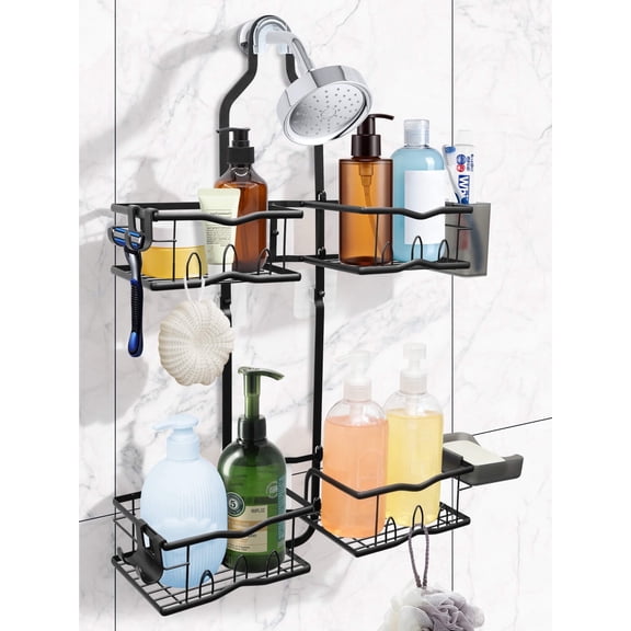 Sentryse Shower Caddy Hanging, Never Rust Shower Organizer, Over The Head Caddy with Hooks, Soap Holder, Toothbrush Holder, Razor Holder, No Drilling, Black