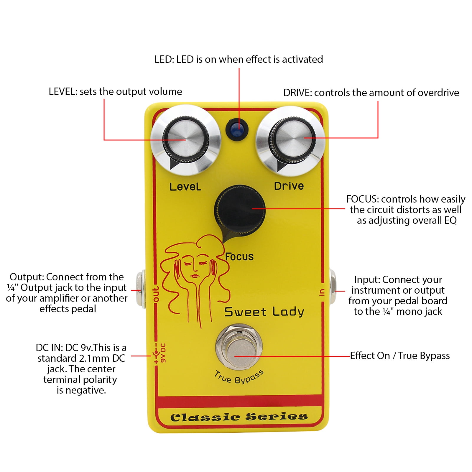 Nieyigj Classic SWEET LADY Overdrive Effects Pedal Touch Sensitive Low Gain DC 9V Electric Guitar Effector with True Bypass (4.6 inches / 11.6 cm)