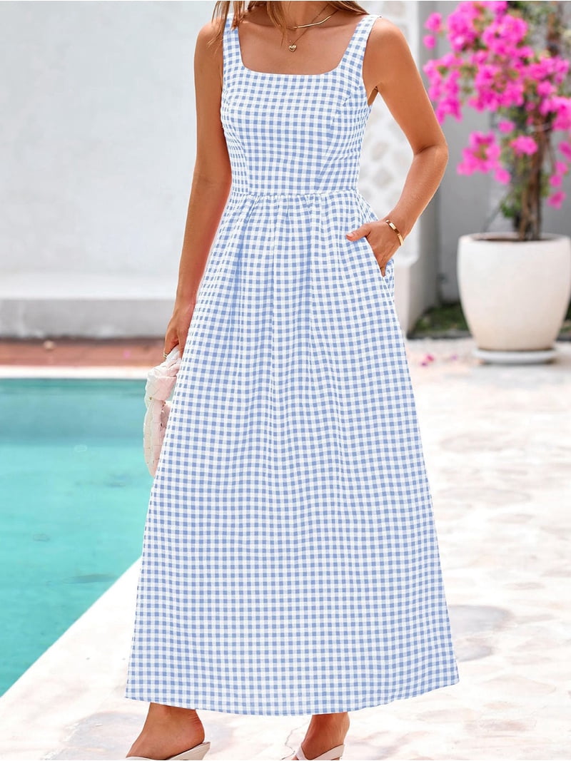 Women'S 2025 Summer Spaghetti Strap Plaid Square Neck A Line Casual Beach  Vacation Long Maxi Dresses Light Blue L - Walmart.com