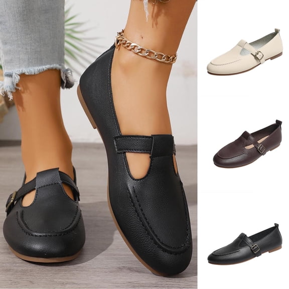 HomeDM Women's Flats Loafers Round Closed Toe Slip-On Work Dress Shoes with Buckle Strap Casual Wedding Party Shoes, Black Size 5.5