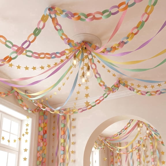 Party Decorations Garland Set - 492ft Pastel Crepe Paper Streamers & 65.5ft Star Hanging Decor for Pastel Party Birthday Wedding