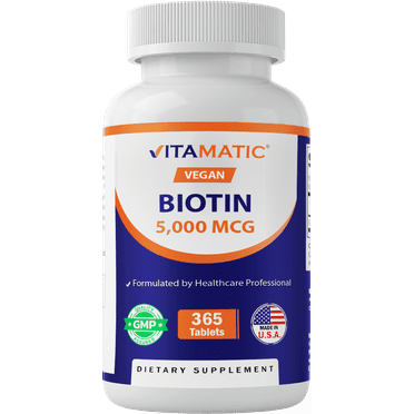 Vitamatic Biotin 5000mcg (5 mg) for Stronger Hair, Skin & Nails - 365 Vegan Tablets- Also Called Vitamin B7