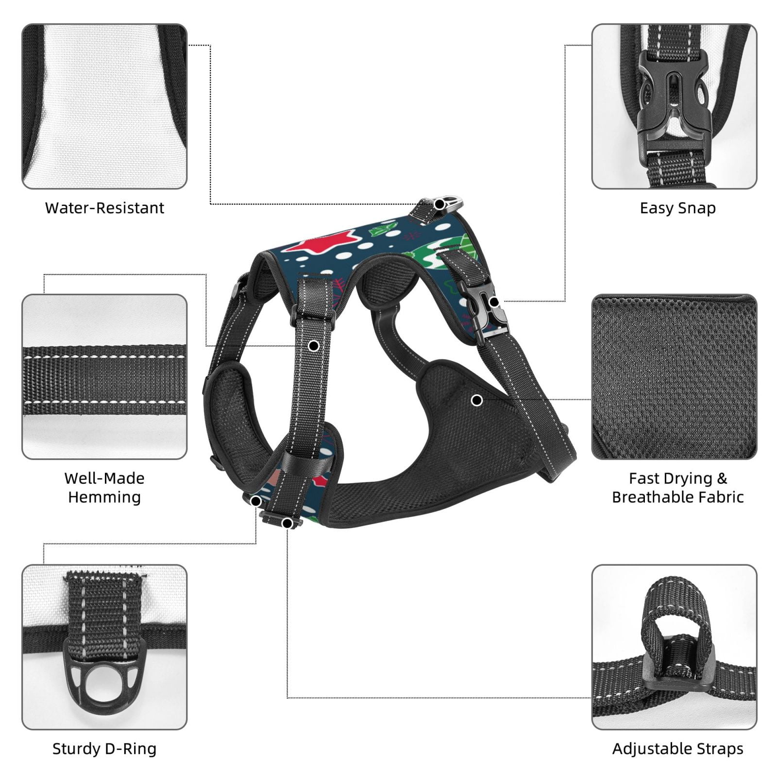 Fuzoiu Christmas Print Reflective Dog Harness,Adjustable, Breathable Pet Vest,Dog Harness No Pull,No Choke Pet Vest for Small, Medium, and Large Dogs-Small