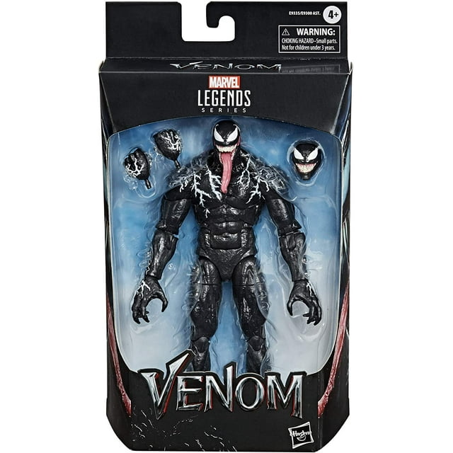 marvel legends series venom figura de acción coleccionable de 6 pulgadas venom toy, diseño premium y 3 accesorios — Vista frontal en empaque: figura articulada Venom de 6 pulgadas con torso y brazos negros y vetas blancas en el pecho, tres cabezas intercambiables (una con lengua larga) y manos abiertas; fondo azul oscuro y logo "Venom" en la base; adecuada para exhibir en vitrinas de coleccionista.