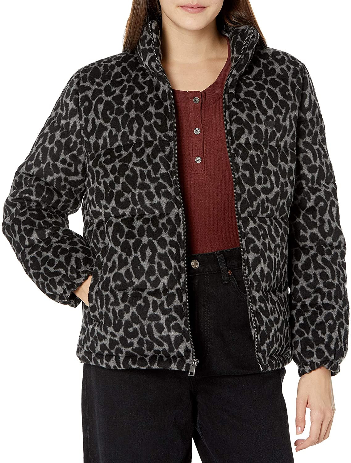 Levis Womens Bubble Puffer Jacket Large Grey Leopard Wool Blend -  