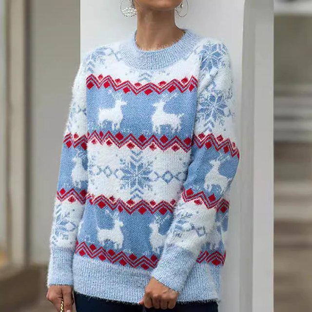 Suéter de punto Jacquard Cervatillo de Navidad, cuello redondo, versátil, informal, suave, vestido de Navidad, otoño e invierno, 2024
