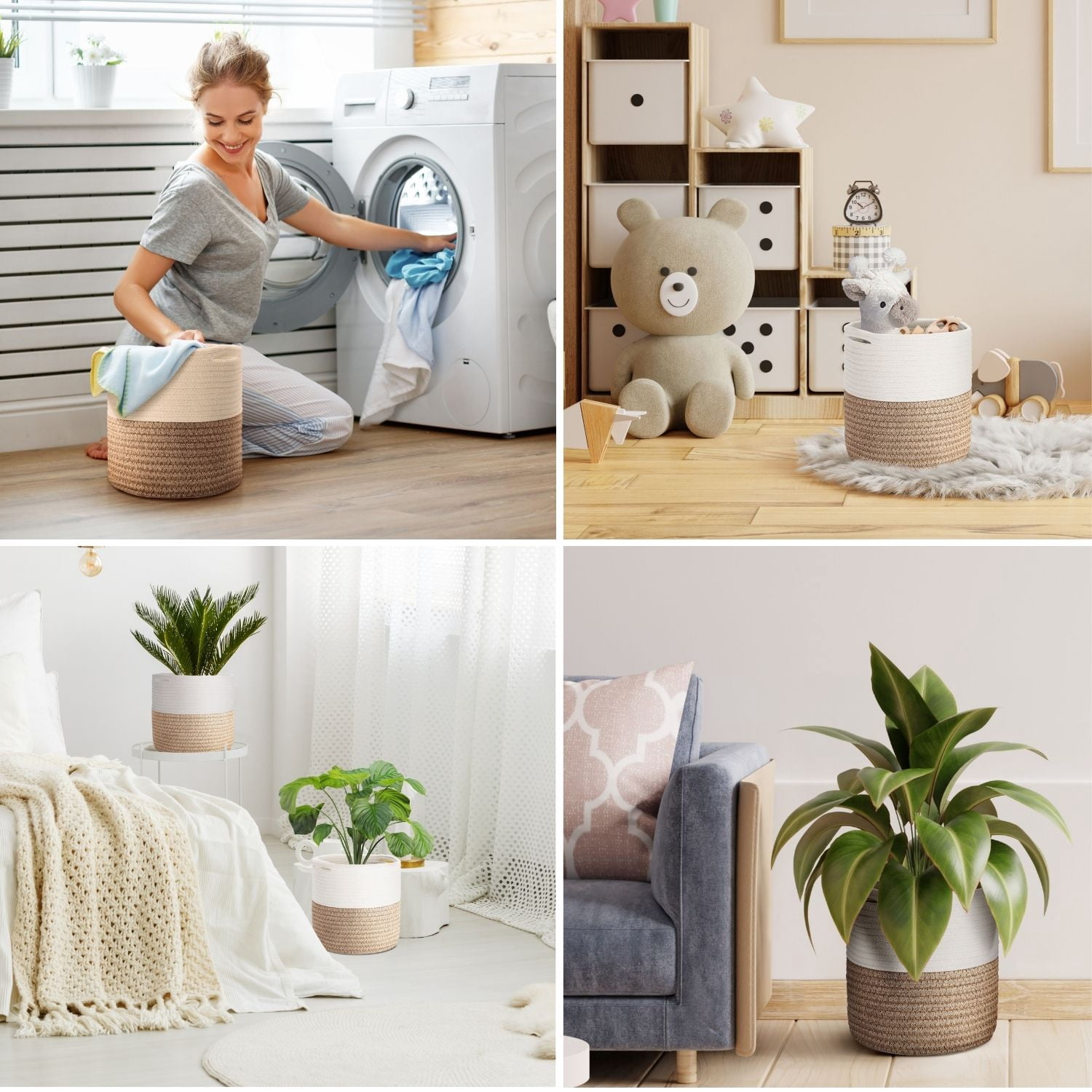 Plant Basket Modern Urban Boho Rattan Cotton Rope Basket Indoor Planter Holder (Up to 10 Inch Flower Pot) Macrame Woven Storage Organizer Bin with Handles linen mix Home Decor 11" x 11"