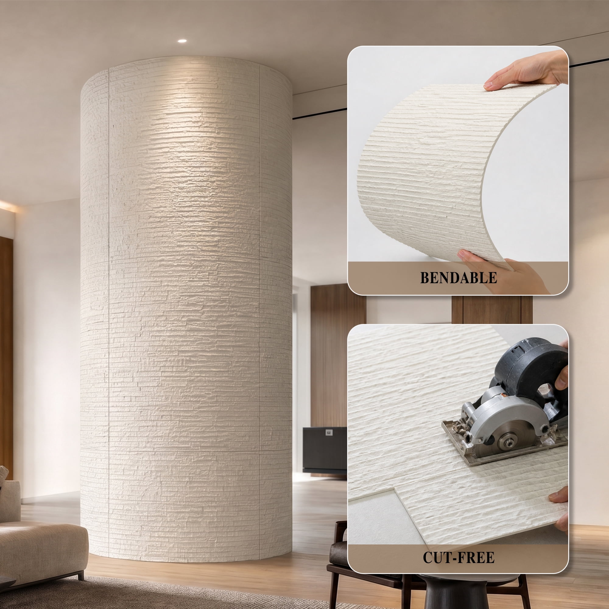 Real3D 8Pcs 24"x24" Faux Stone Wall Panels 3D Textured, Flexible Real Sand Finish Decorative Wall Tiles,White