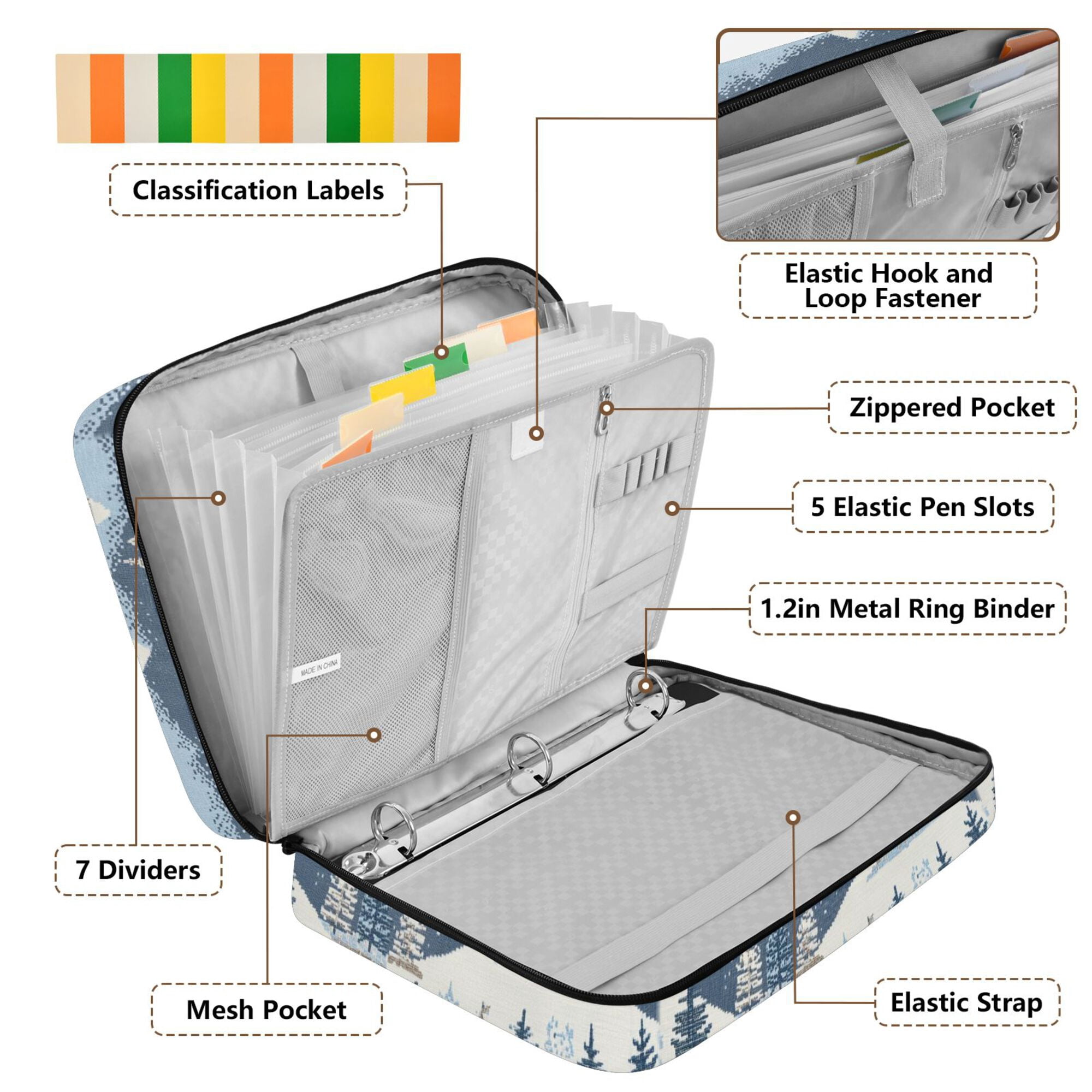 FORMRS Accordion File Folder A4 Size 7-Pocket Expanding Document Organizer Bag with 3 Ring Binder, Winter Village Serenity