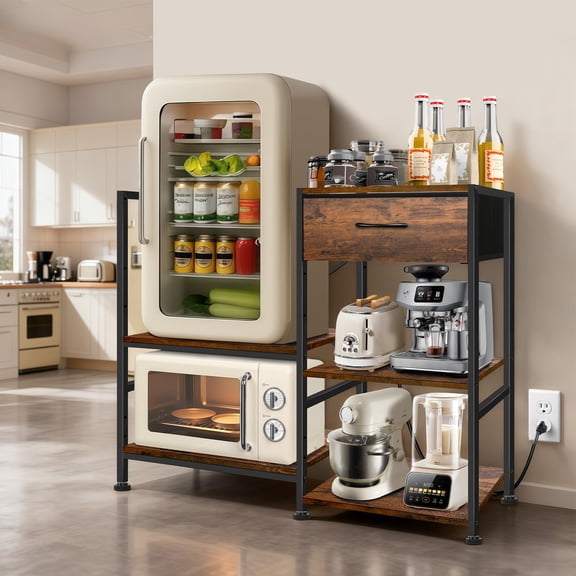 Brown Metal & Wood Bakers Rack With Drawer, Microwave & Fridge Stand