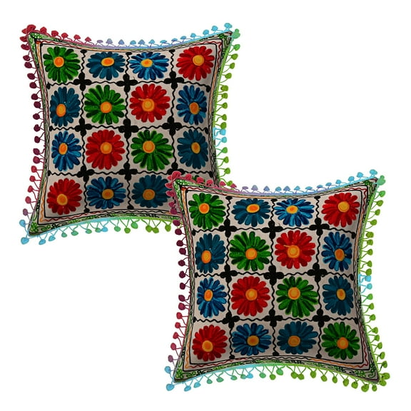 Stylo Culture Ethnic Chair Seat Throw Pillow Covers 16x16 Suzani Embroidered Multi Color Indian 40 x 40 cm Pom Pom Lace Cotton Floral Square Cushion Covers | Set Of 2
