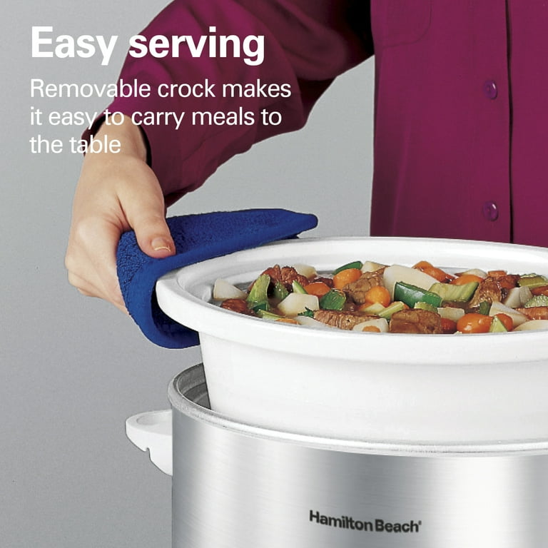 Hamilton Beach 4 Qt Slow Cooker, Stoneware Crock with Removable Pot, White and Silver