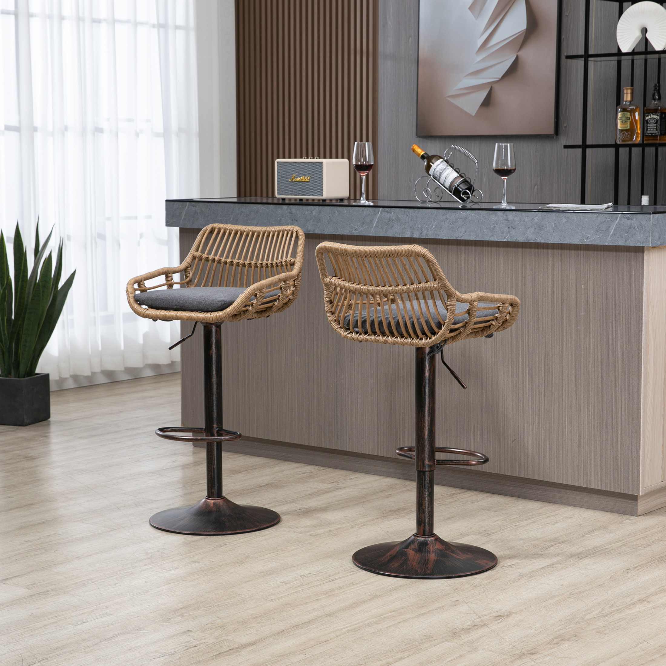 Noble House Swivel Bar Stools Set of 2, Adjustable Linen Counter Height Chairs with Footrest, Gray