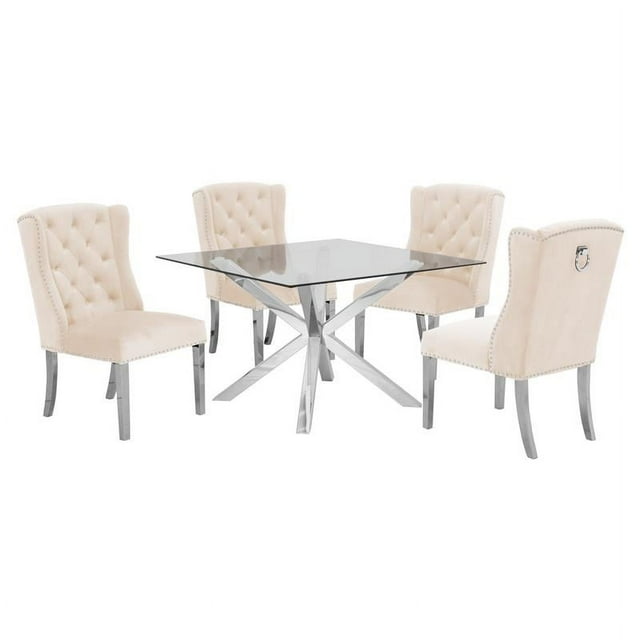 47 "x 47" Verre Clair 5pc Ensemble de Salle à Manger en Acier Inoxydable Argent