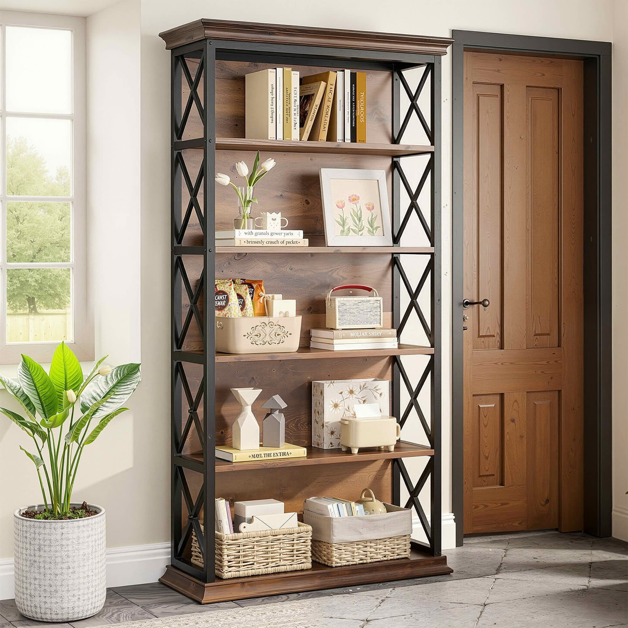 MAYEERTY 70.87" 6-Tier Bookshelf, Metal Wood Etagere Bookcase with X-Shaped Frame, Heavy Duty Storage Display Rack for Home Office Bedroom