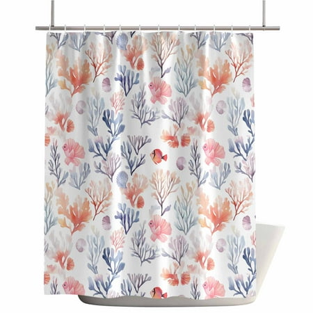 Shower Curtains for Bathroom-60"x72",Summer Watercolor Ocean Fish Coral Waterproof Bath Curtain Grommet Shower Curtain Set with Hooks,Coastal Marine Creature Washable Bath Accessories