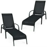 Patiojoy Set of 2 Outdoor Patio Lounge Chair Adjustable Chaise Recliner, Steel , Black