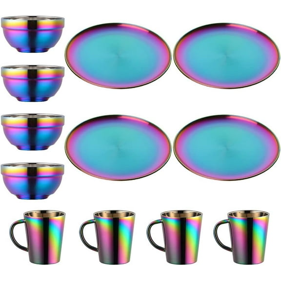 Rainbow Plate and Bowl Sets, Stainless Steel Dishs Bowls Mugs Kitchen Dinnerware Service for 4