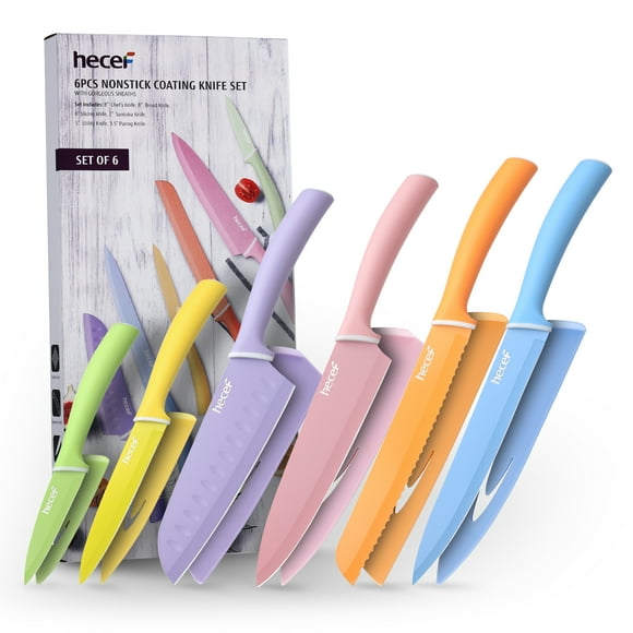 Hecef 6 Pieces Kitchen Knife Set, Colorful Coated Stainless Steel Knives with Blade Guards