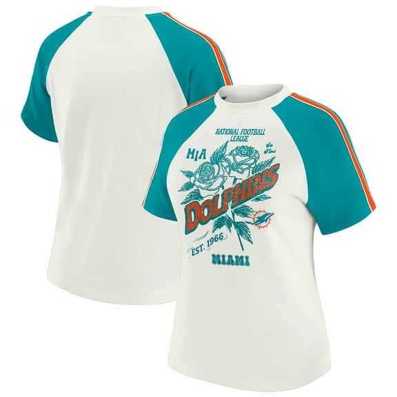 Women's WEAR by Erin Andrews White Miami Dolphins Sleeve Stripe Distressed Raglan T-Shirt
