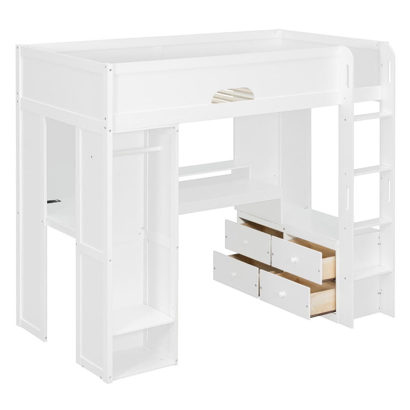 Twin Versatile Loft Bed with L-Shaped Desk, LED Light Strip & Charging Station, Storage Kids Bed Frame with Drawers & Wardrobe