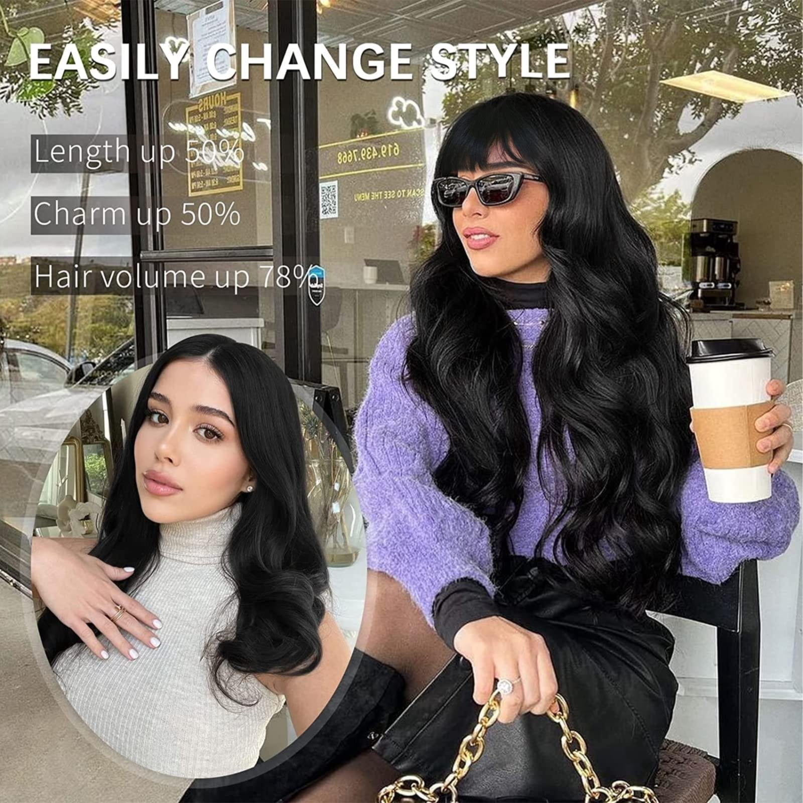 WEIWEIGG Gradient Black Long Wavy Curly Wig with Bangs - 26 Inch, Dark Roots Wig for Women, Heat Resistant Synthetic Hair, Breathable, Lightweight, Natural Looking Adjustable Cap for Daily Wear