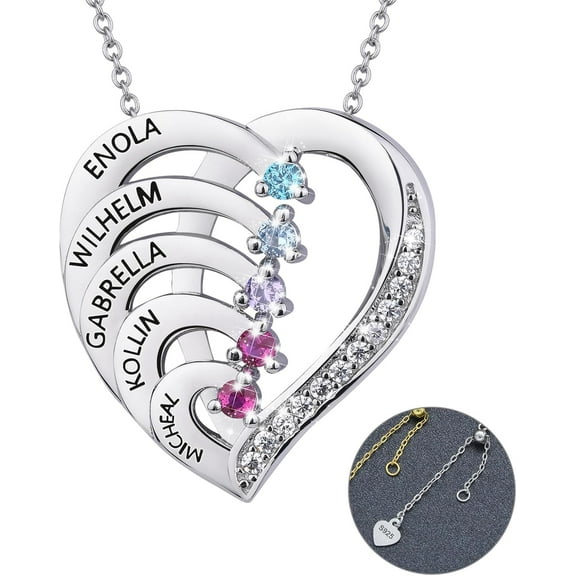 Sterling Silver Plated with 18k Gold Personalized Birthstone Necklace, Custom Name Family Necklace, Ideal Jewelry Gift for Mom, Grandmother, Wife for Christmas and Mother's Day