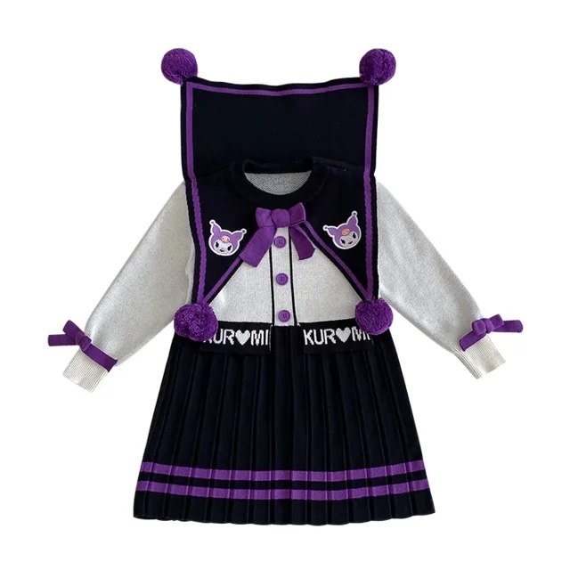 Vestidos infantiles para niñas, bonito vestido tejido Kuromi de dibujos animados, vestido plisado con lazo Preppy Kawaii para niñas, vestido suéter de fiesta de princesa