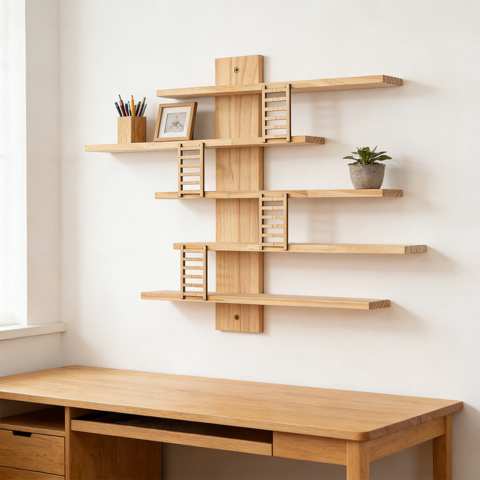 Kumdkd Solid Wood Wall Mounted Shelf 16x16in, Floating Display Shelf for Figurines, Plants, Books - Natural Wood Storage Shelf with 2 Open Compartments, Yellow