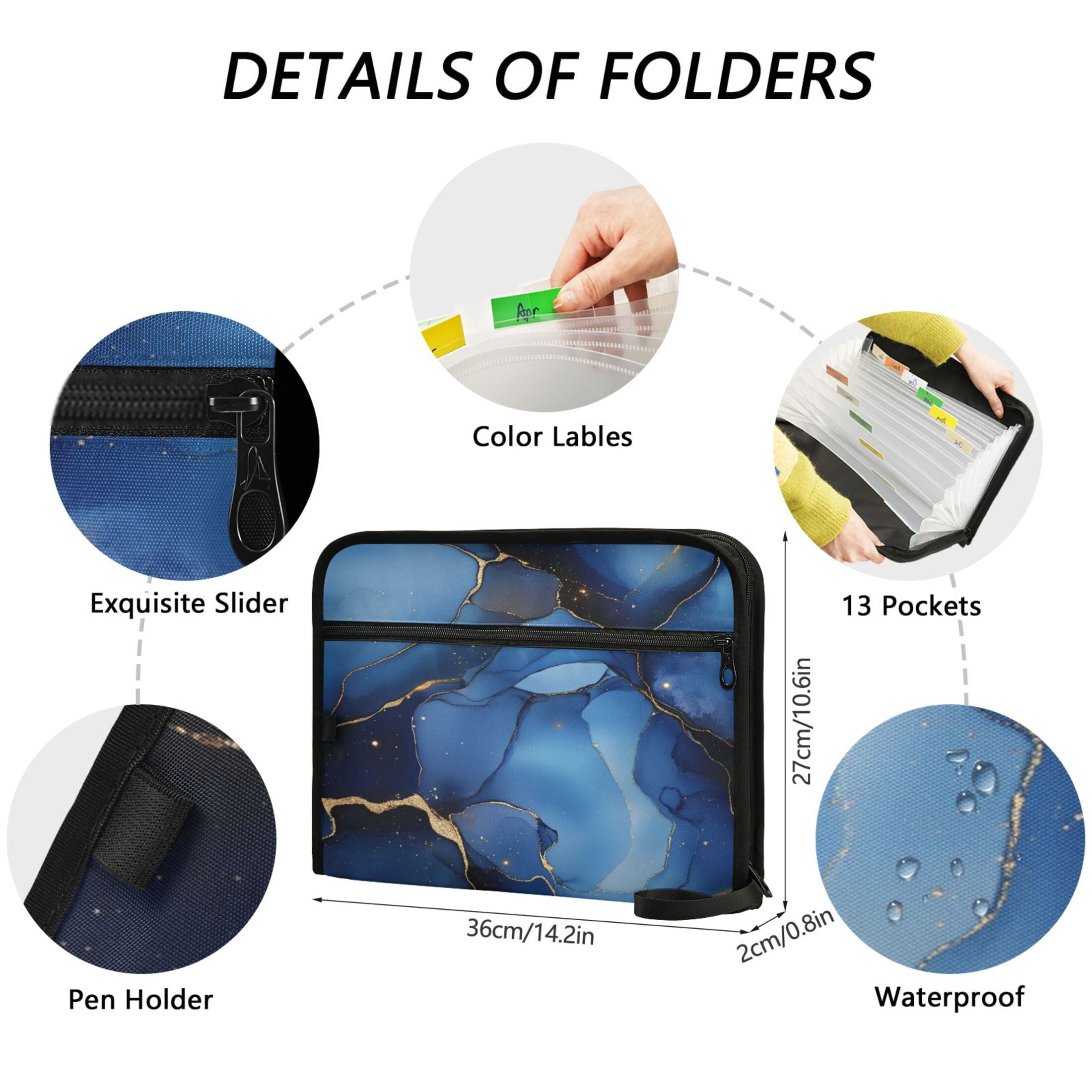 WOBOGO Gilt Navy Blue Marbles Expanding File Folder Letter Size Accordion Filing Organizer 13 Pocket Separate Organ Pocket