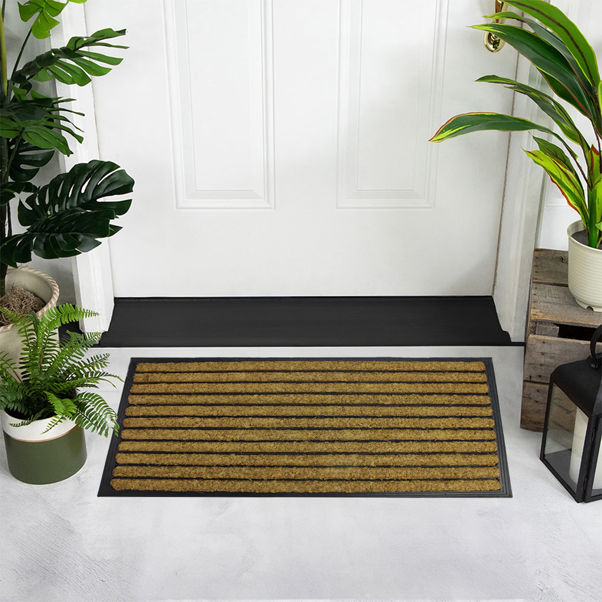 Decorative Black Rubber and Coir Striped Outdoor Rectangular Door Mat 29.5" x 17.75"