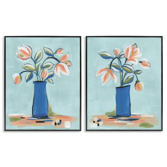 Stupell Industries Blue & Peach Flowers Plants & Flowers Painting Black Framed Art Print Wall Art, 11 x 14, Set of 2