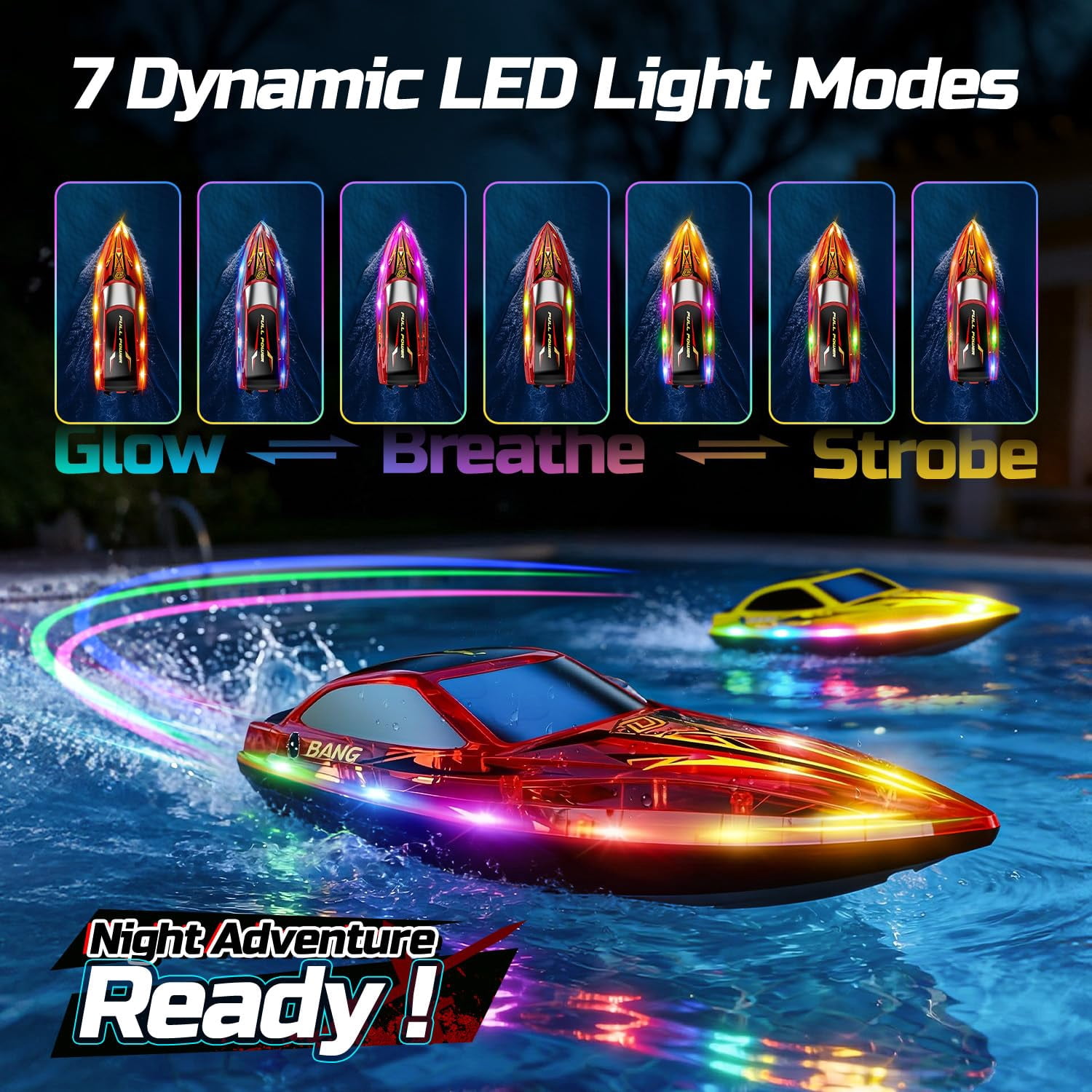 DEERC 2 Pack 13 inch Remote Control Boat for Kids, 4 Batteries, 2.4Ghz RC Racing Boat with LED Lights for Pools and Lakes, Summer Water Toy Gift for Boys 8-12