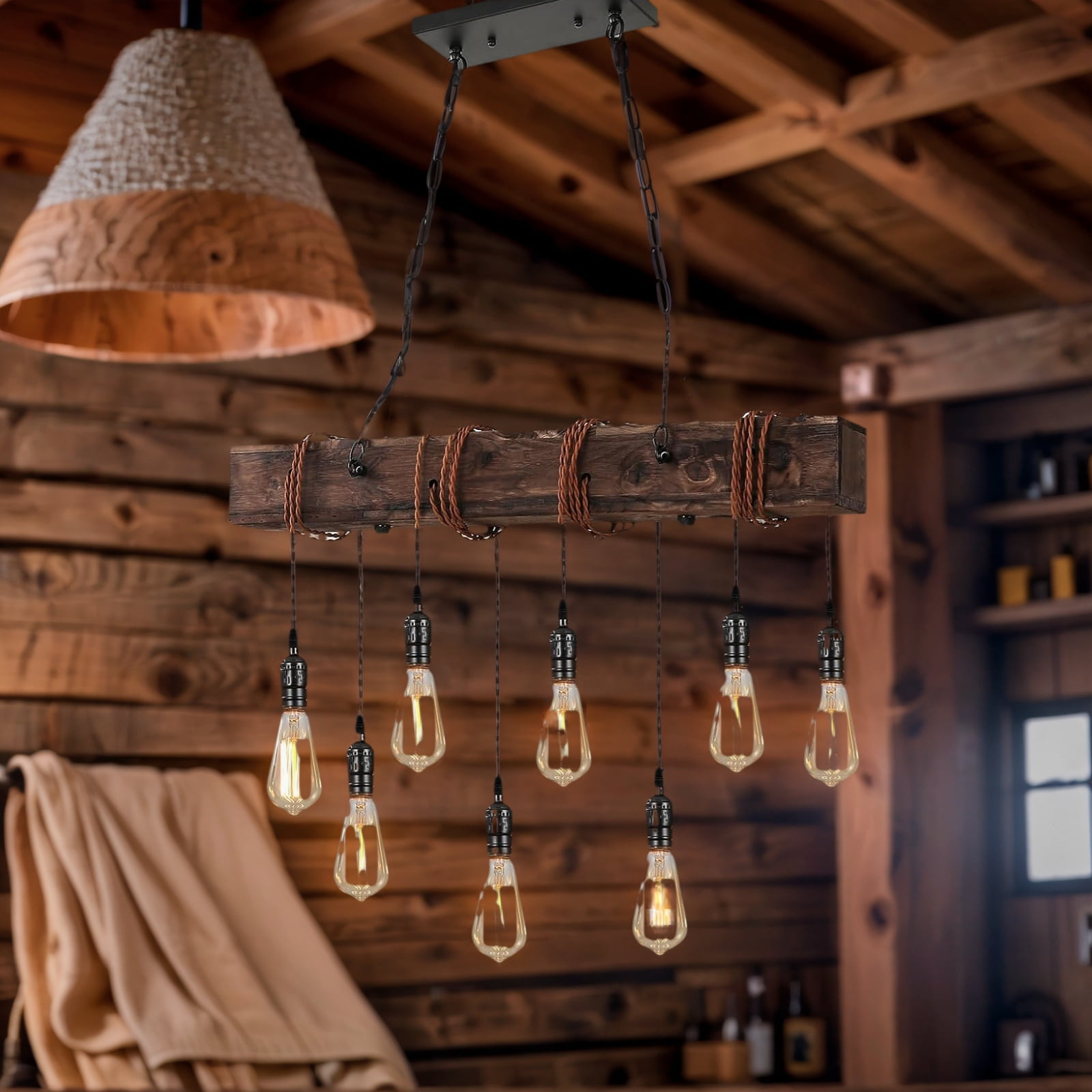 Dining Room Light Fixture, Farmhouse Pendant Lights Kitchen Island Rustic 8 Lights Wood and Black Metal Rectangular Chandelier Ceiling Hanging Lighting