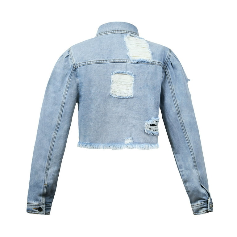 Fulijie Women Fashion Casual Oversized Denim Jacket Long Sleeve Single Breasted Drop Shoulder Ripped Hem Pocket Trucker Style Denim Jacket Coat Blue