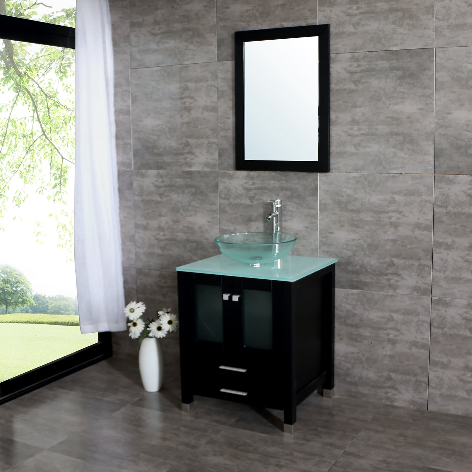 Wonline 25" Single Bathroom Vanity Cabinet Solid Wood w/ Glass Sink Faucet Mirrors