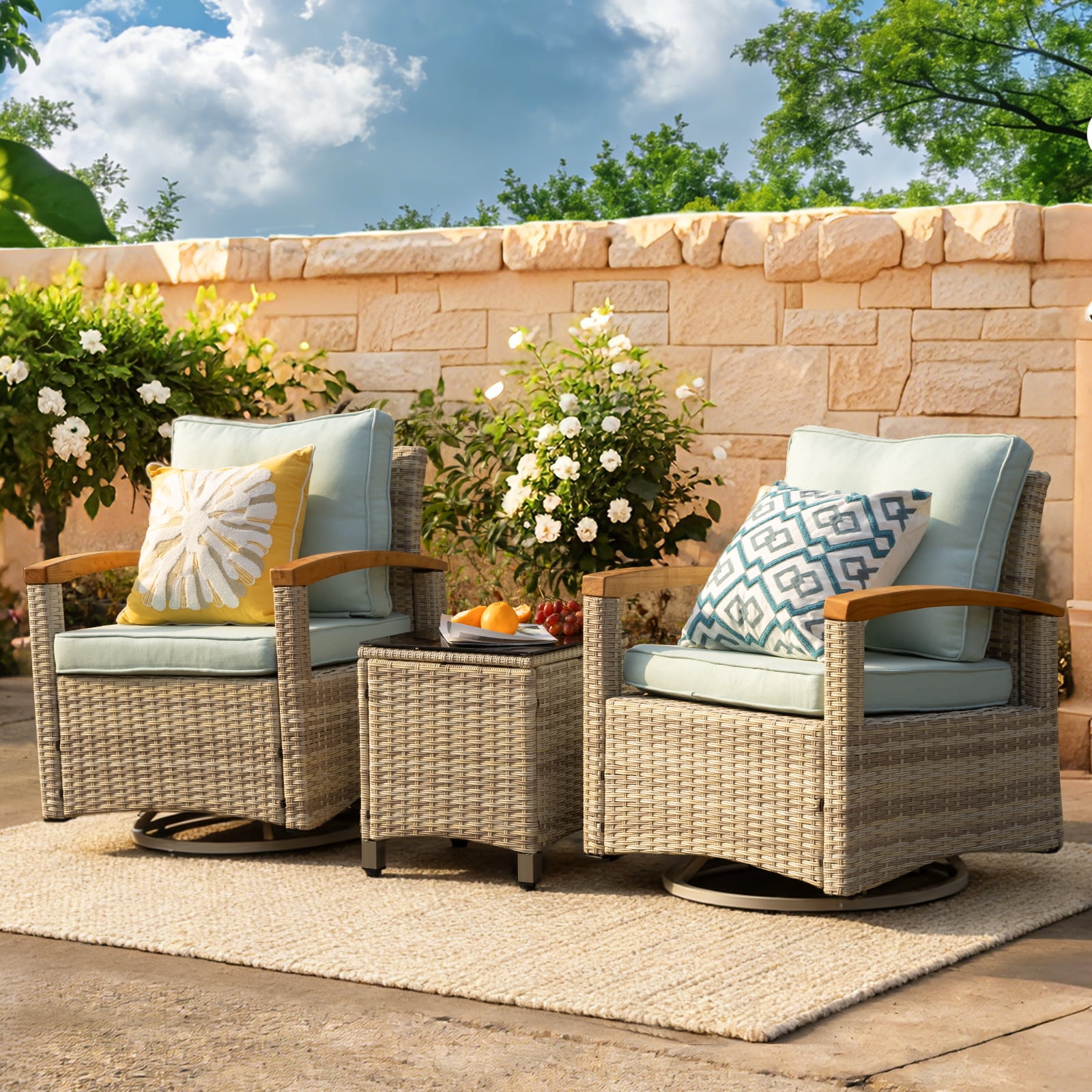MEISSALIVVE 3 Piece Outdoor Swivel Rocking Chairs, Patio Furniture Bistro Set with 360° Wood Armrests Swivel Glide Chairs and Side Table for Deck Yard and Poolside (Blue)
