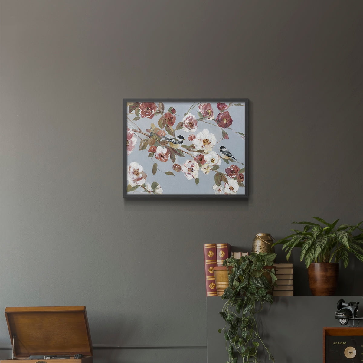 Chickadees and Blossoms II by Sally Swatland - Restickable Framed Giclée Print