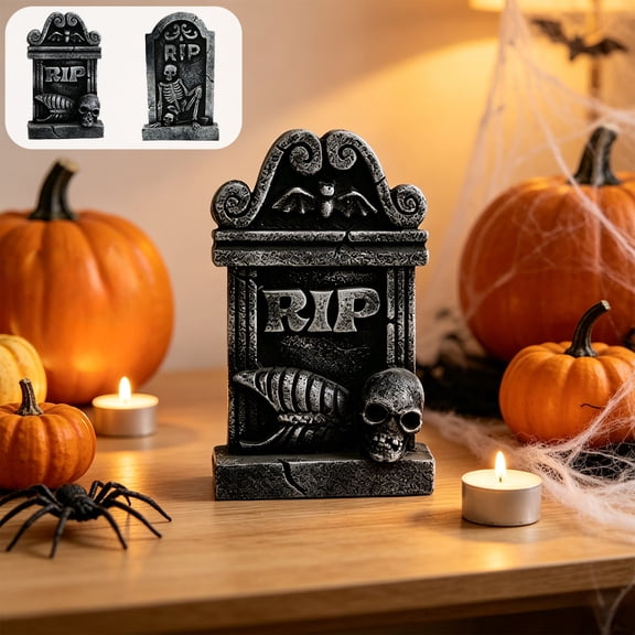 Halloween Tombstone Resin Ornament, Mini Spooky Gravestone Statue, Scary Halloween Tabletop Decor, Creepy Decoration for Halloween Party, Home, Yard, Ghost House, Gray-B