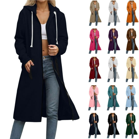 Womens Jacket Womans Winter Coat Women Hoodie Women's Solid Color Zipper Double Pocket Sweatshirt Long Sleeved Hooded Zipper Long Casual Outwear Black XL