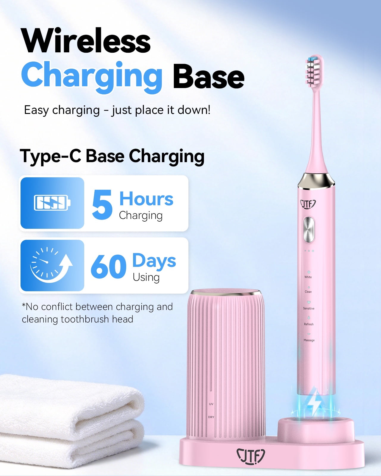 JTF Sonic Electric Toothbrush with UV & Drying: 5 Customized Modes for Effective Yet Gentle Cleaning –with 8 Brush Heads, Rinse Cup, Wireless Charging Base, Rechargeable for Daily Care, Home & Travel